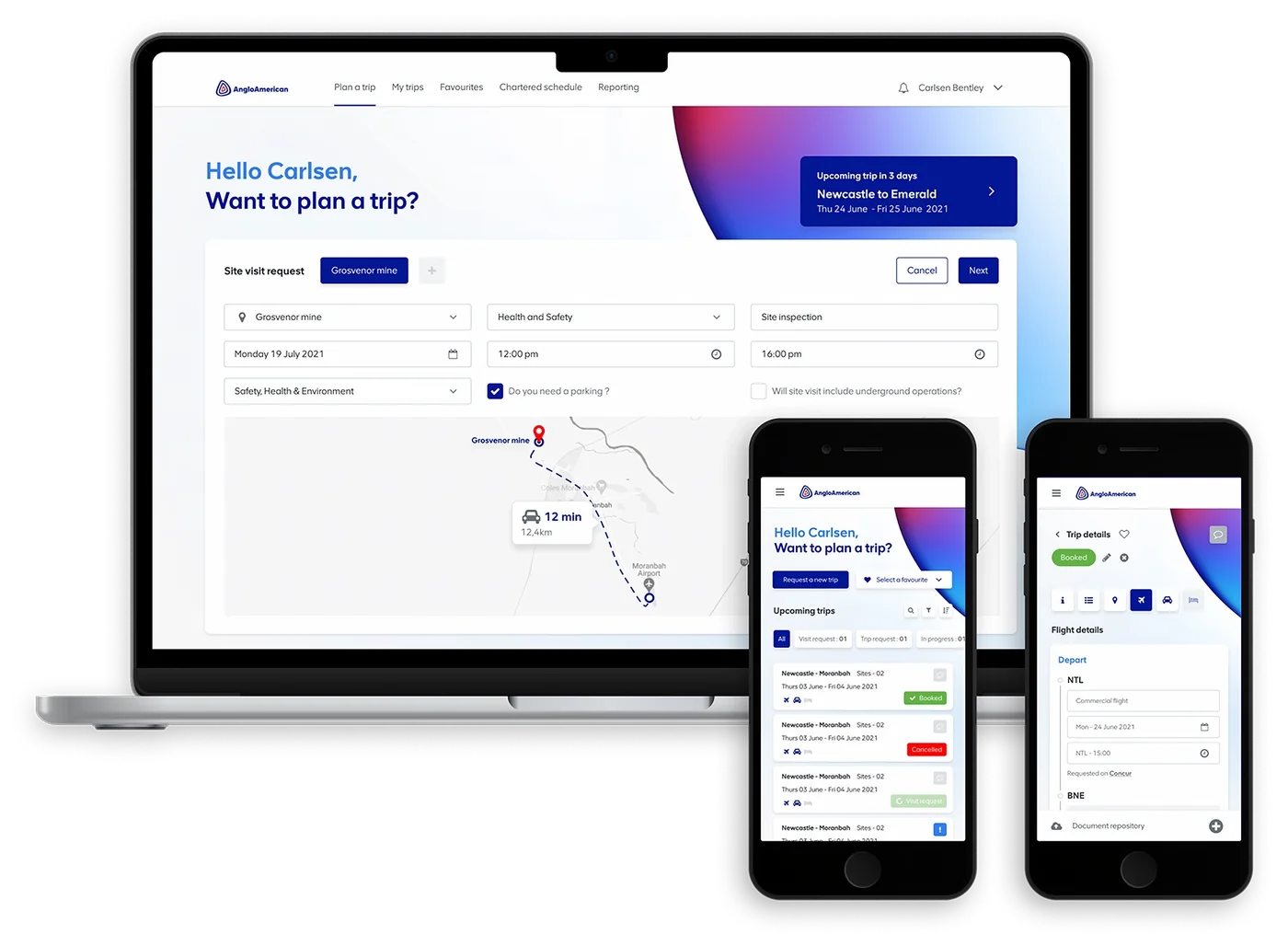 A responsive travel planning dashboard for Anglo American, displayed on a laptop and mobile devices.