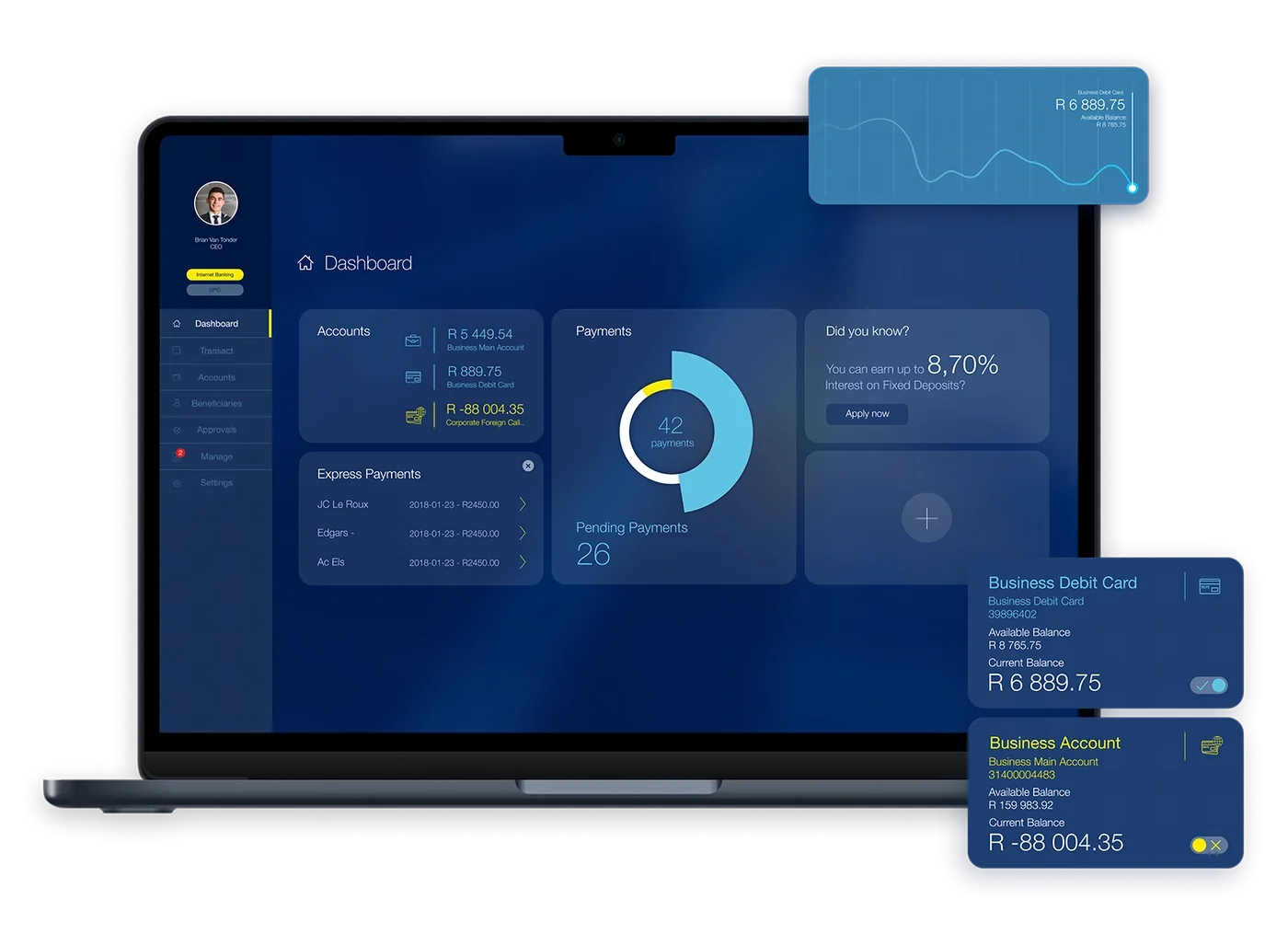 A financial dashboard with a sleek blue interface, showing account balances, payments, and financial insights.