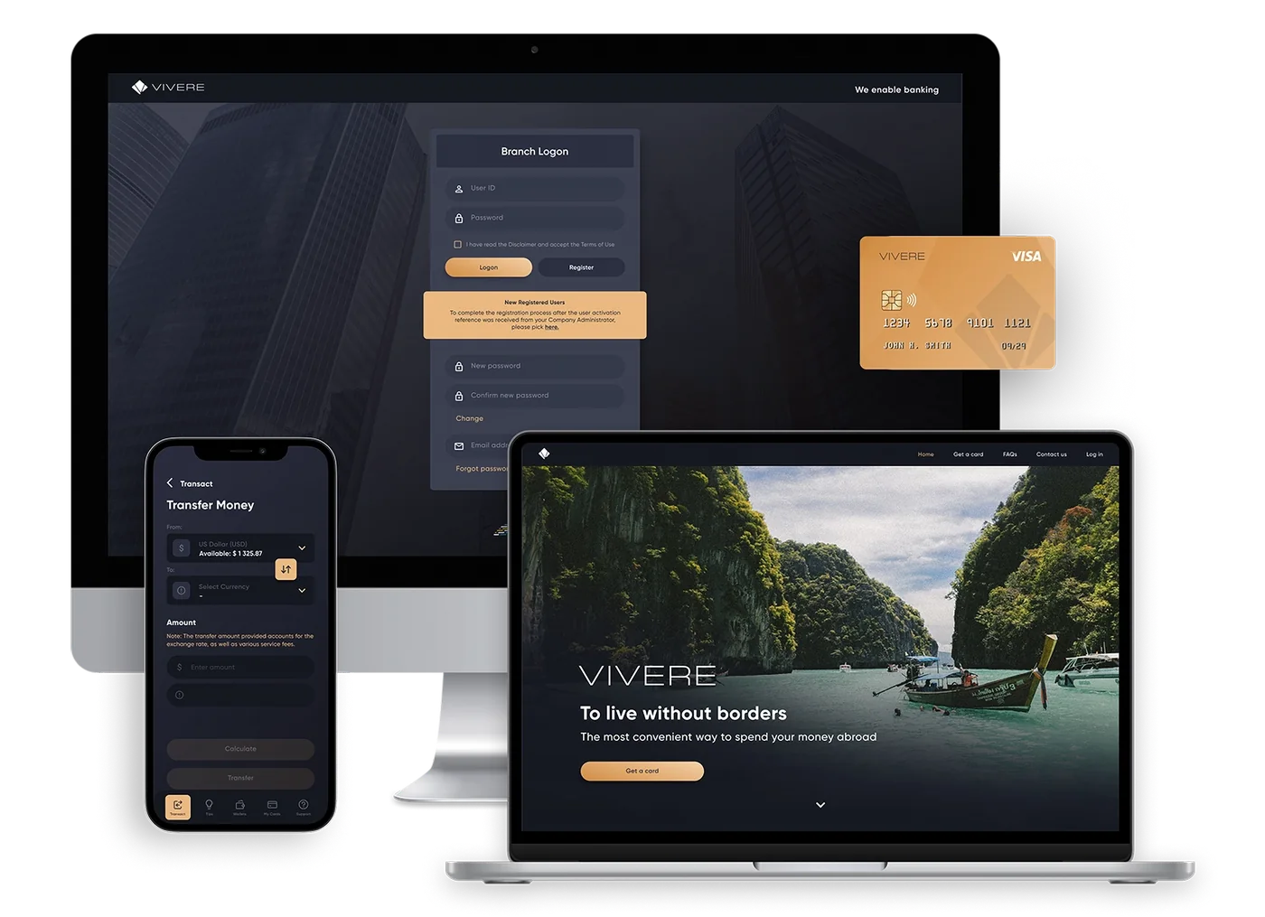 A modern banking and money transfer platform displayed across desktop, laptop, and mobile devices.