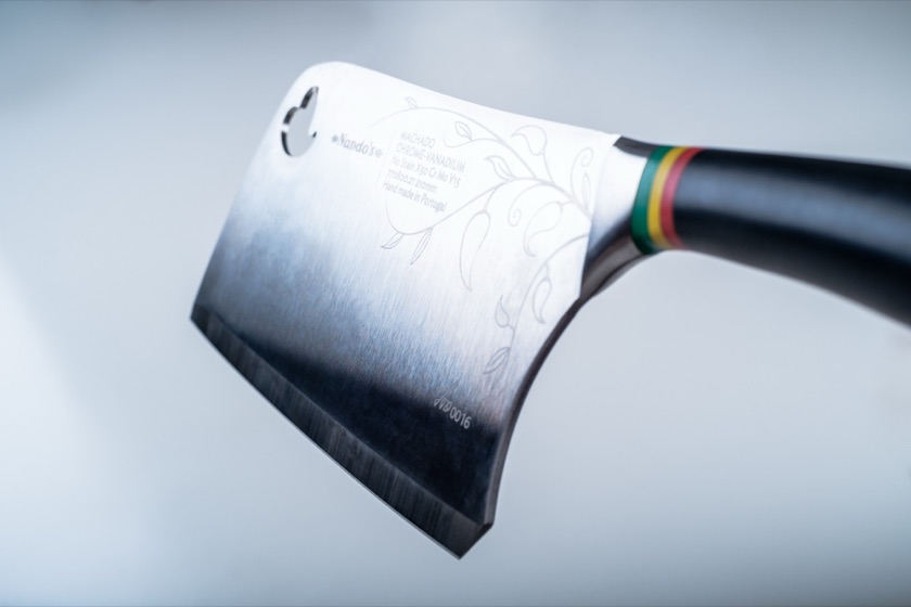 The engraved blade: Nando's, Machado chrome-vanadium, hand made in Portugal, numbered 0016