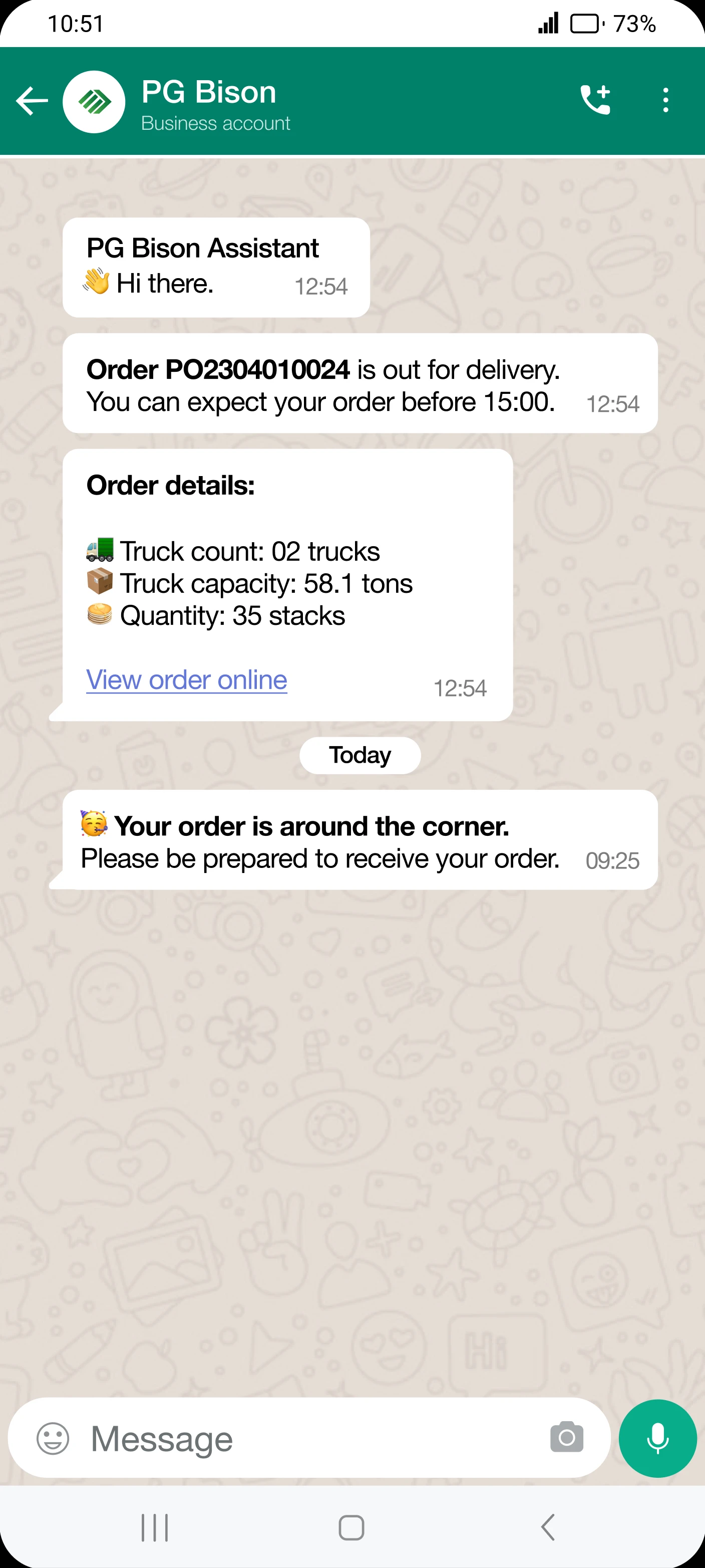 WhatsApp order notification from PG Bison Assistant