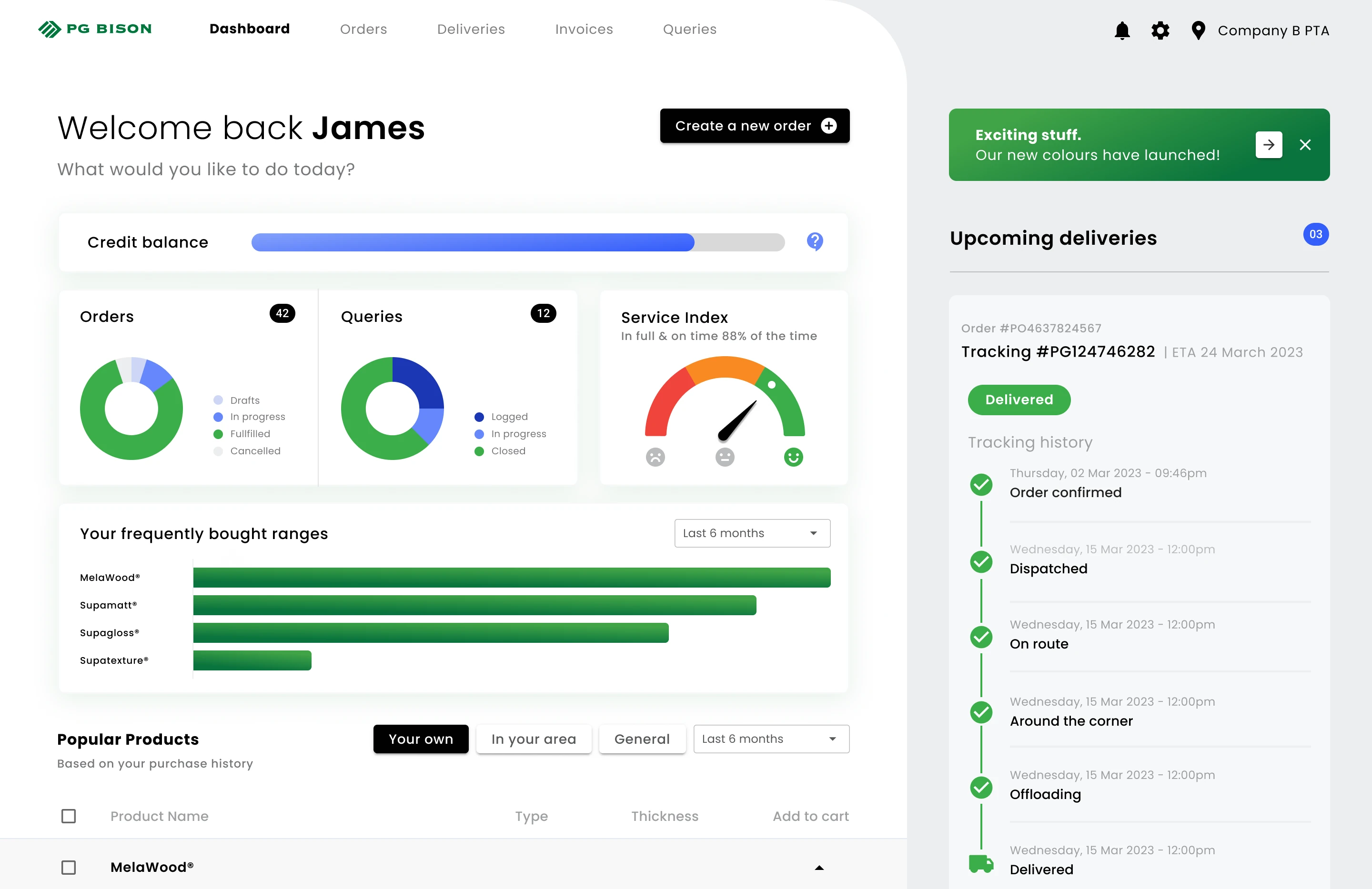 PG Bison Order Portal dashboard with the upcoming-deliveries rail showing a delivered order