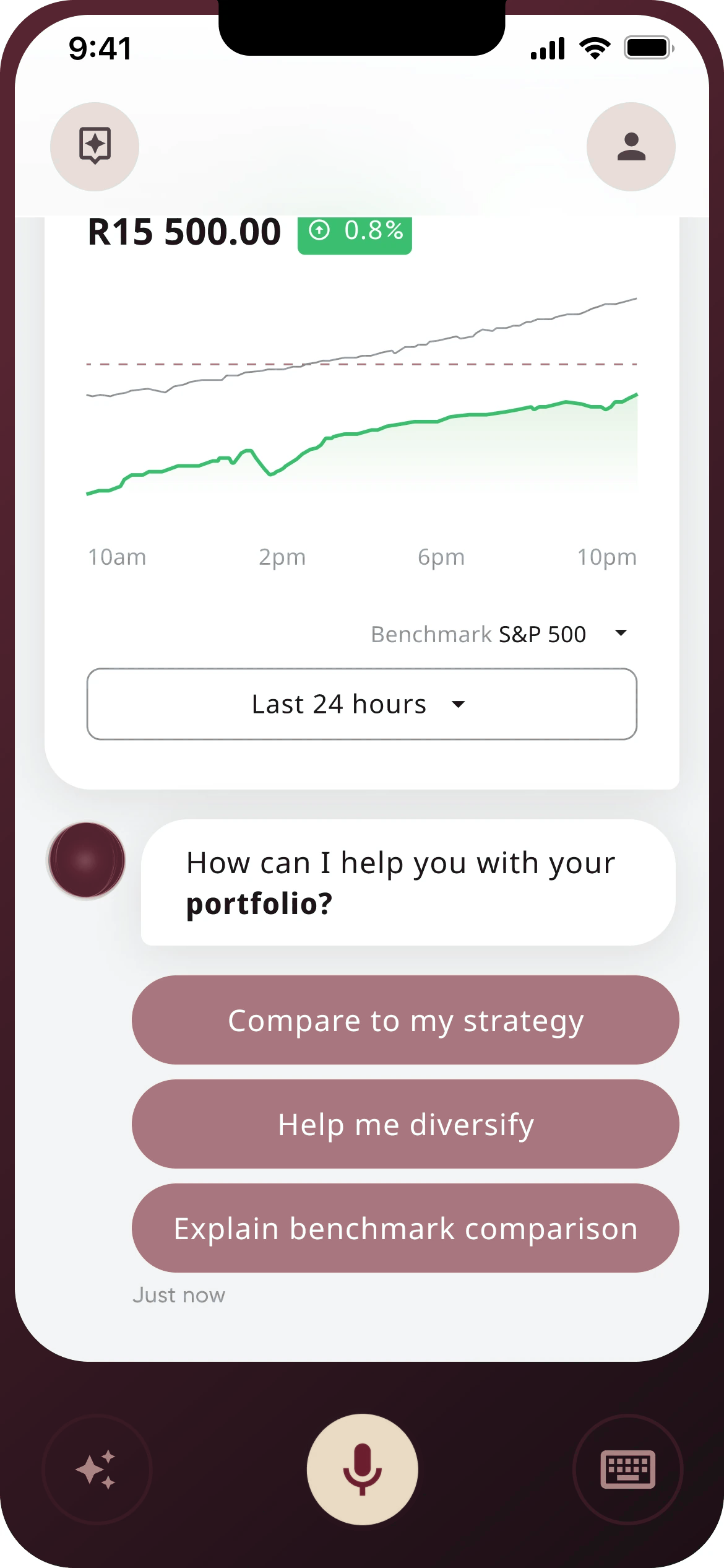 Chat home with plain-language suggestion chips